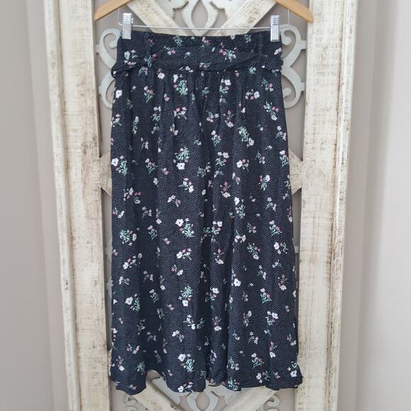 SO Women's Button Front Tie Belted Smocked Waist A-line Midi Skirt Black Floral - Picture 7 of 7